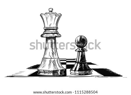 Vector artistic pen and ink drawing illustration of chess queen and pawn facing each other. Business concept of competition and strategy.