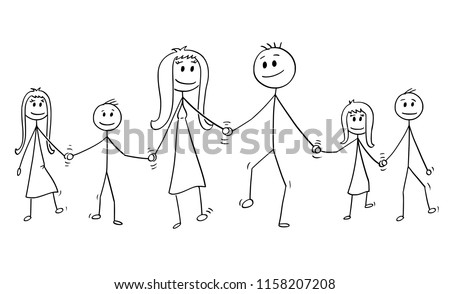 Vector cartoon stick figure drawing conceptual illustration of girl and boy  holding hands and walking together. Stock Vector