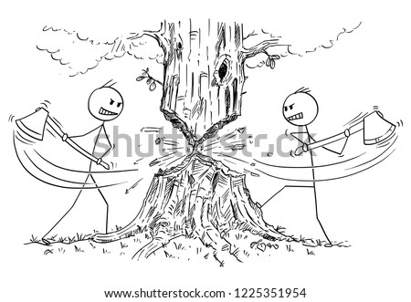 Cartoon stick drawing conceptual illustration of two lumberjacks with ax or axe who are rejecting cooperation and cutting down tree from opposite sides instead. Business concept of competition and