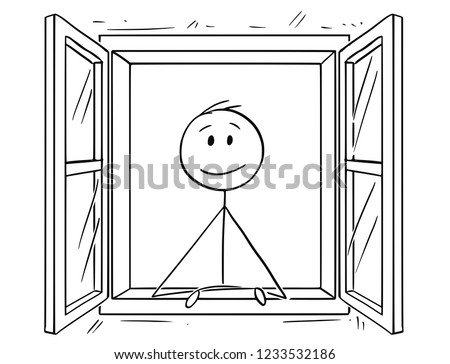 Cartoon stick drawing conceptual illustration of man looking through open window.