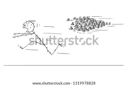 Cartoon stick figure drawing conceptual illustration of man running in panic away from attacking swarm of bees or wasps.