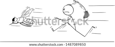 Vector cartoon stick figure drawing conceptual illustration of man or businessman chasing big fly with swatter, flapper or fly-flap.