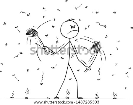 Vector cartoon stick figure drawing conceptual illustration of man or businessman with swatters, flappers or fly-flaps in hands killing flies, mosquitoes or insect flying around or debugging software.
