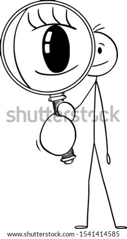 Vector cartoon stick figure drawing conceptual illustration of man or detective looking through magnifying glass or magnifier.