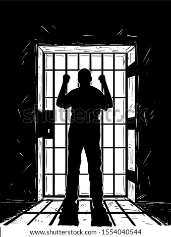 Vector black and white artistic hand drawing of prisoner in prison cell holding iron bars. Light coming from outside is casting shadow.