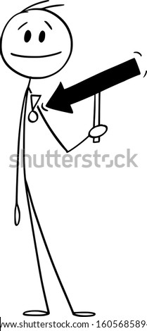 Vector cartoon stick figure drawing conceptual illustration of self-important man showing and pointing out on military, or state decoration or award or medal on his chest with arrow in his hand.