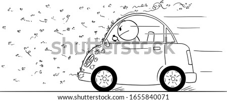 Vector cartoon stick figure drawing conceptual illustration of man driving car through swarm of bugs, flies, mosquito or insect.