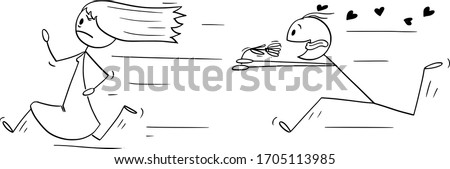 Vector cartoon stick figure drawing conceptual illustration of running woman or girl and amorous man in love chasing hear with flower. Concept of Valentine, date or relationship.