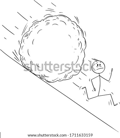 Vector cartoon stick figure drawing conceptual illustration of stressed man or businessman running away from boulder rolling down hill. Ready to add your text or image. Financial, social or political 