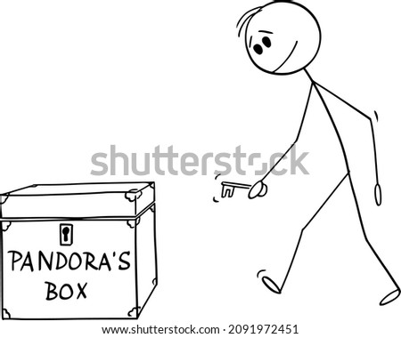 Vector cartoon stick figure drawing conceptual illustration of man or businessman walking with key to open Pandora's box.