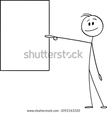 Vector cartoon stick figure drawing conceptual illustration of smiling positive man or businessman pointing at or showing empty or blank vertical sign. ストックフォト © 