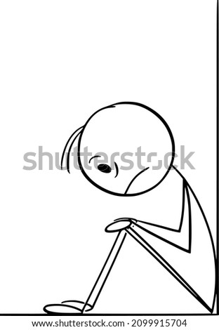 Vector cartoon stick figure illustration of depressed,sad,frustrated or sick man sitting alone in corner. Concept of help, psychology or relationship. ストックフォト © 