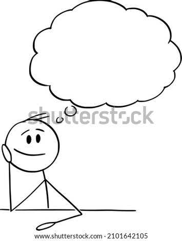 Businessman or man thinking behind desk with empty thought bubble, vector cartoon stick figure or character illustration. ストックフォト © 