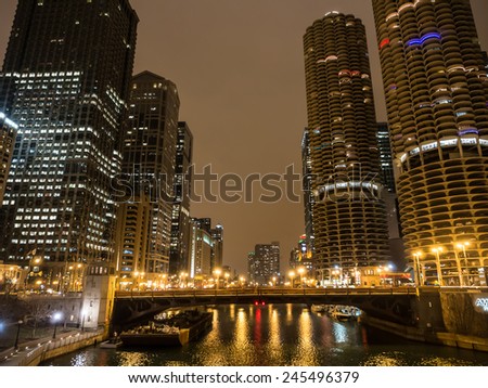 Night view of Chicago River in Chicago, Illinois, USA.