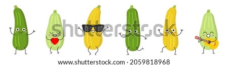 Set squash zucchini character cartoon face smiling joy vegetable jumping running loves sings marrow happy courgette emotions icon vector illustration.