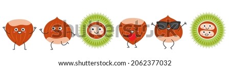 Set edible chestnut character cartoon emotions joy happiness smiling face jumping running nut icon beautiful vector illustration.