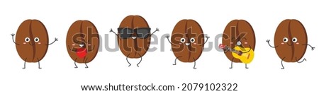 Set coffee beans cute character cartoon greeting jumping loves sings running smiling face happy joy emotions dark brown sign coffee drink vector illustration.