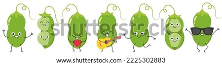 Green pea pod set character cartoon greeting jumping sings love running cute smiling face cheerful kawaii joy happy emotions vector illustration.