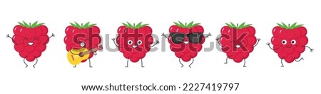 Raspberry set cute character cartoon delicious berry greet jump run sing smile face cheerful kawaii joy happy emotions icon vector illustration.