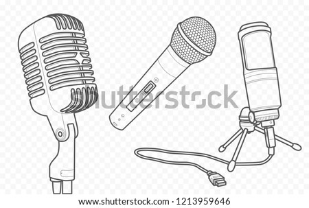 
Microphones vector outline and contour illustration and sketch for singing song, voice and music recording