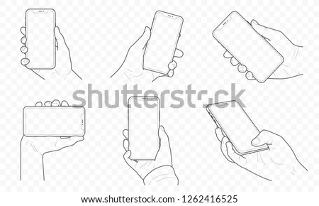 Vector isolated hands put smartphone and phone, outline hands push and tap screen with x and xs size.