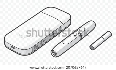 Vector IQOS heated tobacco. Electronic Cigarette outlined and contour. Pod mod and vape. Evaporation smoke systems, Smoking with device. Imagine de stoc © 