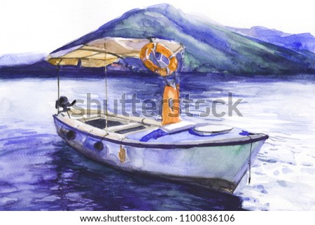 yacht on the sea. Coast. water. Lifebuoy. watercolor