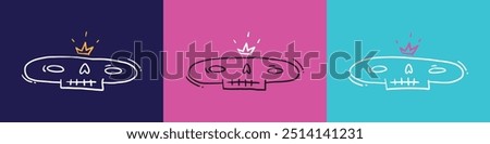 Vector set of hand drawn doodle sketch human skull with crown on pink and blue background. Line art sticker for Happy Halloween. Icon for Mexican holiday Death Day. Emo subculture. Cartoon zombie face