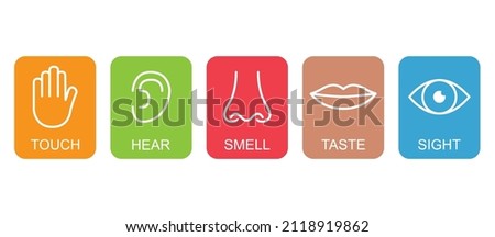 Outline icon set of five human senses: vision eye smell nose hearing ear touch hand taste mouth with tongue .