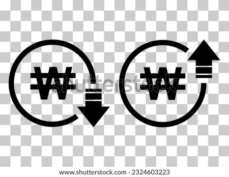 Set of cost symbol won increase and decrease icon. Money vector symbol isolated on background .