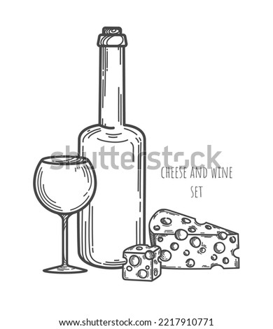 Vector illustration of wine glass, bottle and two cheese pieces with big holes. Decorative contour elements set. Festival concept. Linear art composition for bar menu layout design, advertising banner