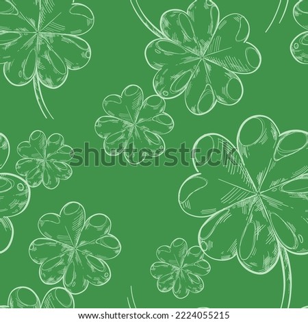 Vector vintage seamless pattern of many big four leaf clovers on green background. Hand drawn outline plant element. Art concept for St. Patrick's Day. Thin stroked botanical sketch. Irish luck symbol