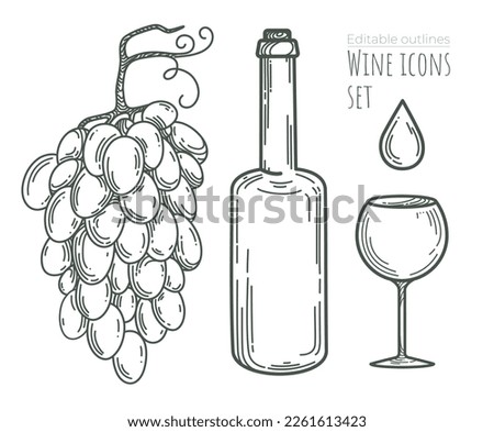 Vector wine set of line elements with editable outlines. Grape bunch, glass bottle, high-stemmed glass, drink drop on white background. Artistic decorative sketches for cafe menu layout design.