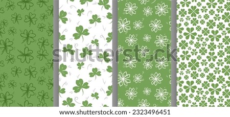 Vector seamless patterns set of many hand drawn clover leaves. Decorative prints for St. Patrick's Day. Rough shape icons. Natural spring sketch. Holiday art background. Simple stylized plant elements