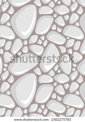 Vector seamless pattern of many smooth stones. Pastel nature print. Lot of big and small white sea pebbles top view. Flat abstract art for packaging layout design, spa advertising. Rocky ocean shore