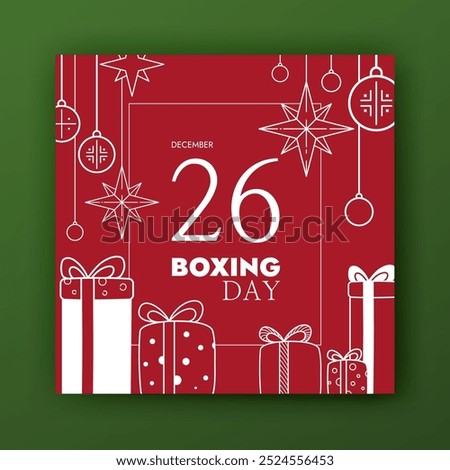 Boxing day vector square banner template. Holiday sale announcement. Cute winter contour layout. Christmas ornaments, big wrapped gift boxes ribbon tied. Festive ads design. Funny social media post