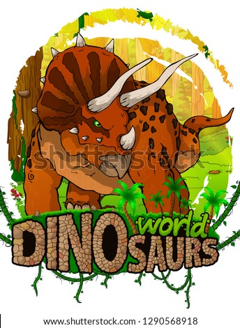 Triceratops on the background of the forest. Vector logo. Dinosaur world