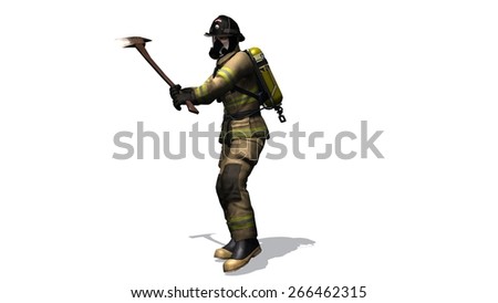 Firefighter with ax in action - separated on white background