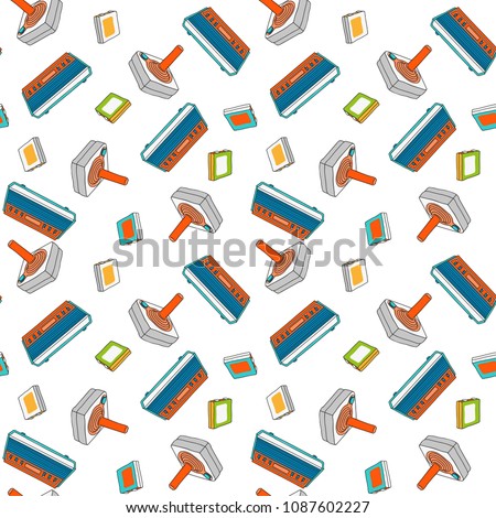 Videogame seamless pattern with vintage console. Joystick, console and games composition. Vector illustration background.