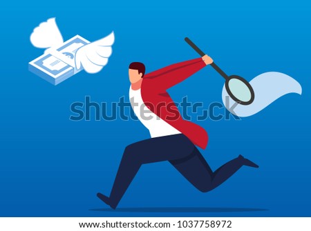 Businessman holding net catch flying away money