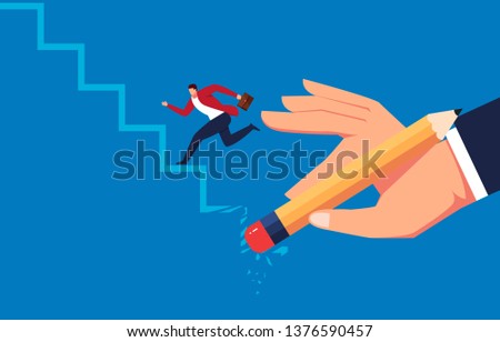 Erase, hand holding eraser off businessman up stairs