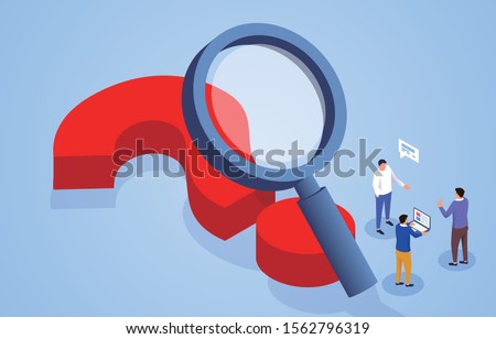 Businessman standing on magnifying glass observing huge question mark
