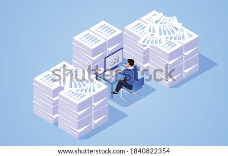 Pile of work documents piled up around busy working businessman