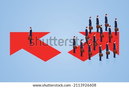 Different choices, a group of businessmen choose the right arrow and a unique businessman choose the left arrow
