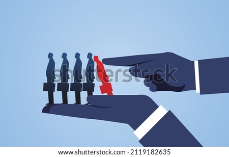 Dismissal, unemployment, layoffs, employment stress, index finger overturns row of businessmen standing on big hands. Stockfoto © 