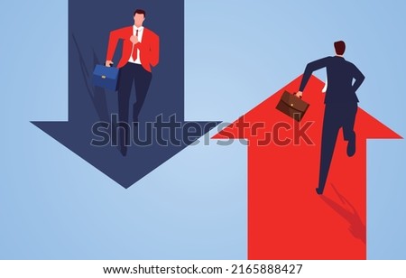 Businessman running hard on two arrows in different directions, different career and business development directions, different opportunities and plans