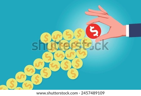 Business growth or increase in professional income, business operations, investment profits or interest on savings, increase in interest rates, businessman holding gold coins forming a growing arrow