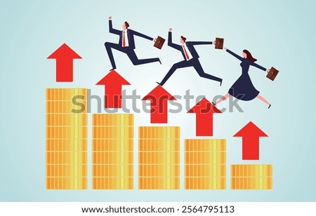 businessmen run on the arrow of growth on the pile of gold coins