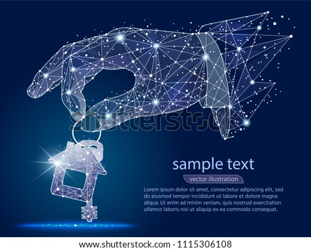 hand with keys from the house abstract design , logo isolated from low poly wireframe on white background. Vector abstract polygonal image mash line and point. Digital graphics