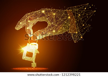 Low poly illustration of the hand with keys from the house a golden dust effect. Polygonal wireframe from dots and lines, abstract design.